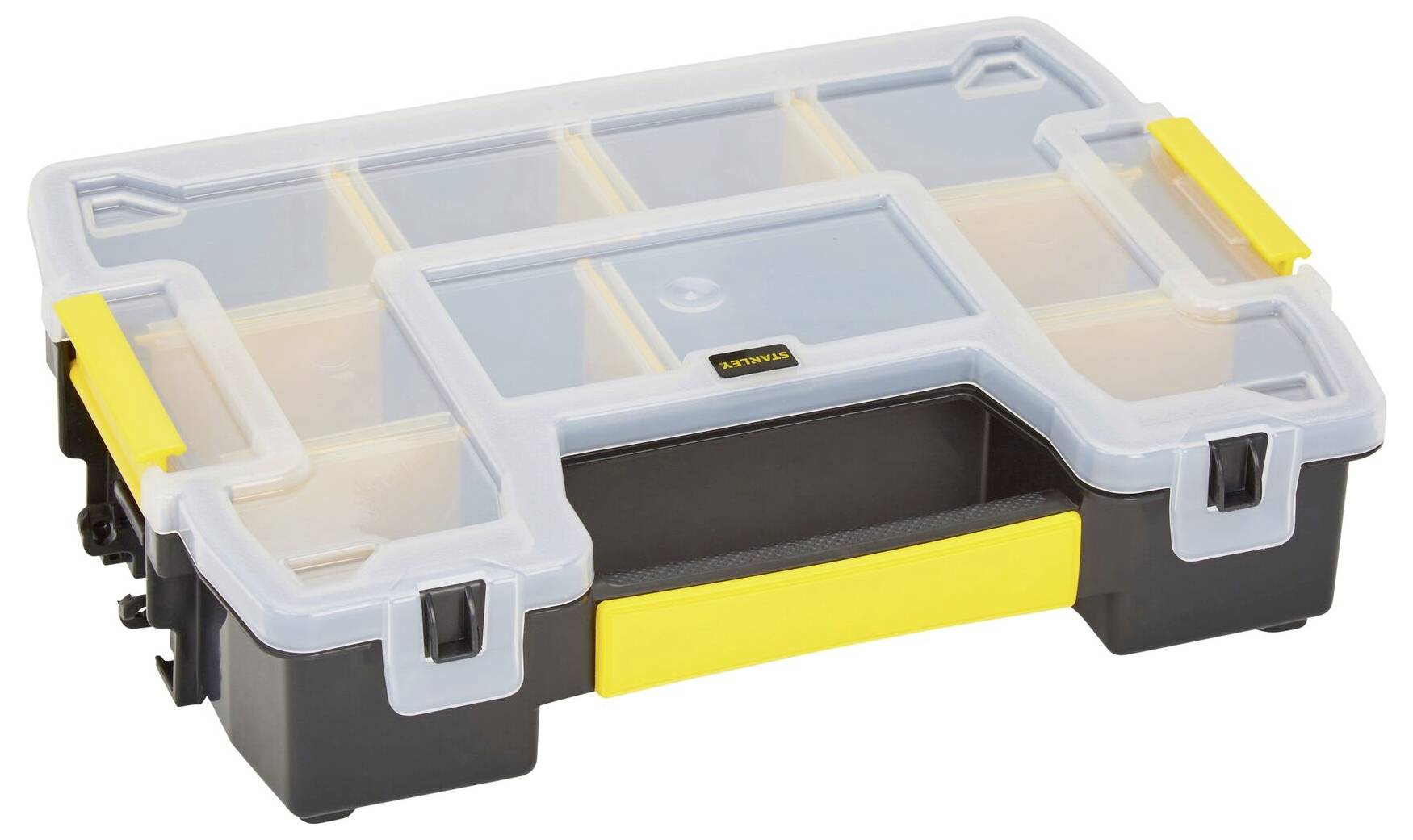 Transparent tool box with a yellow handle and black compartments for storing smaller items.