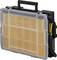 A transparent tool case with yellow compartments and a black handle, perfect for storing small tools and components.
