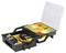 A opened toolbox with multiple compartments containing screws, wall plugs, and screwdrivers.