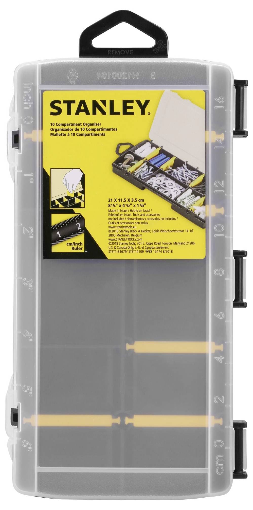 Stanley organiser box with 10 compartments, transparent lid and measurements marked on the sides. Contains no visible contents.