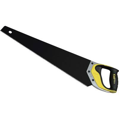 A handsaw with a black saw blade and yellow handle, suitable for woodworking. 'FatMax' brand name on the handle.