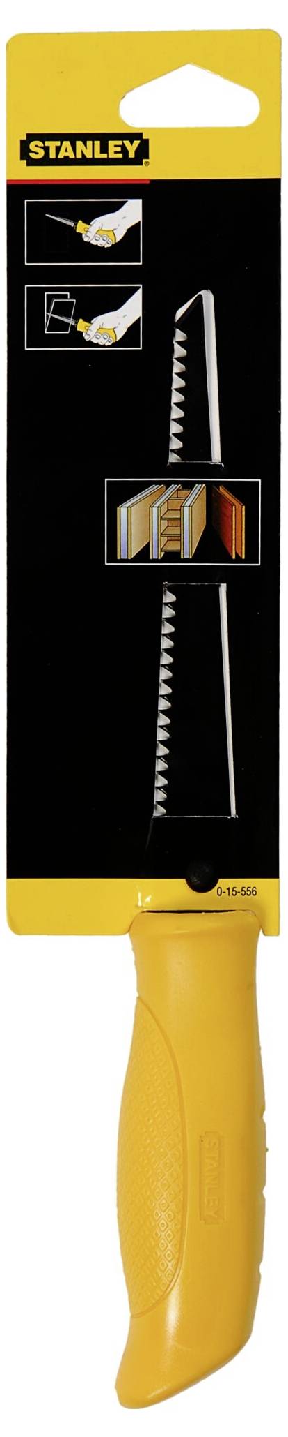 Stanley handsaw with an orange handle. Illustrated guide demonstrates sawing applications for cutting plasterboard.