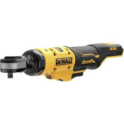 A yellow and black cordless ratchet with 'DEWALT' and 'BRUSHLESS' printed on the device. It features an ergonomic handle.