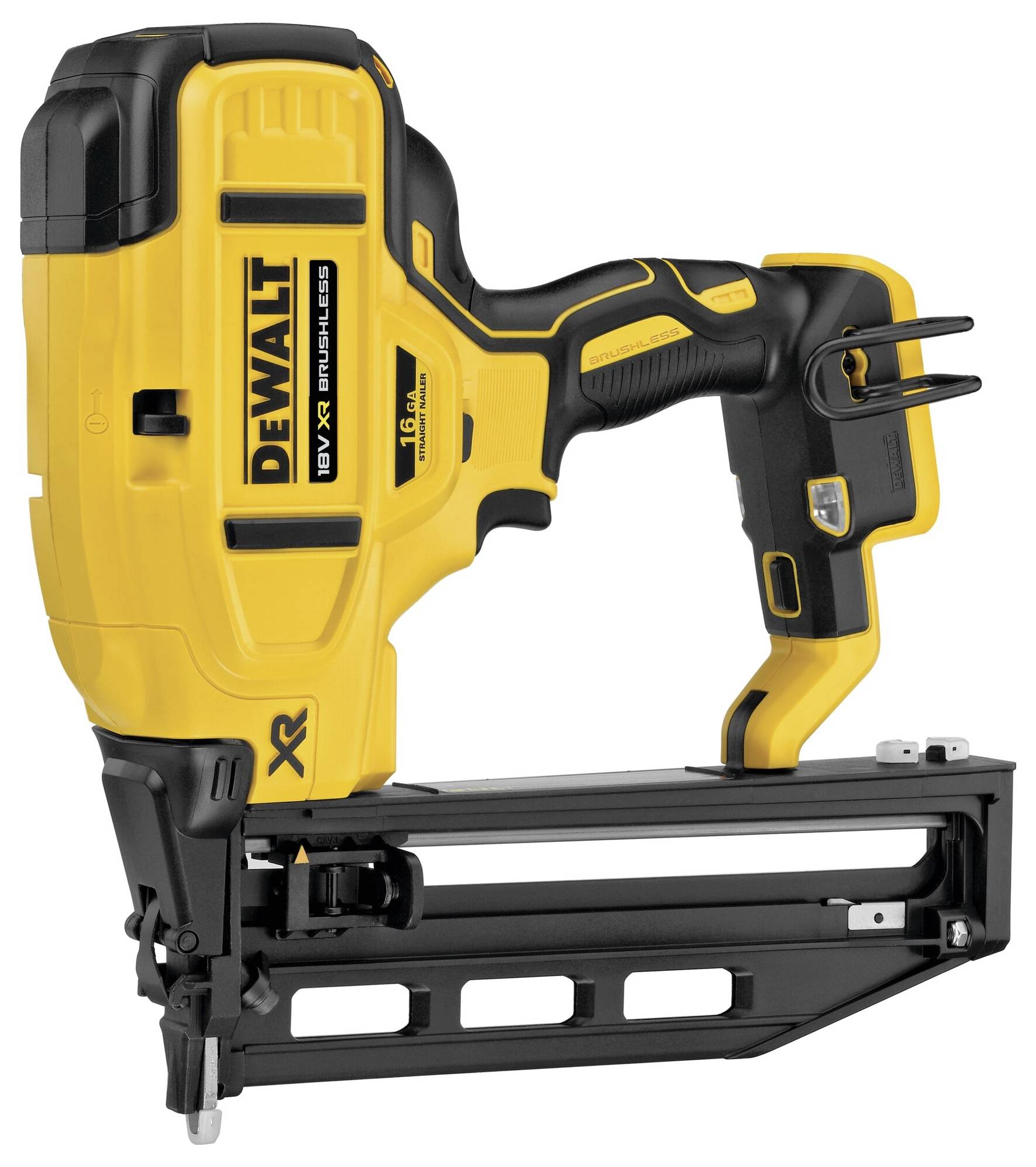 Battery-powered nail gun with yellow casing, black handle and brand logo. Used for woodworking and construction projects.