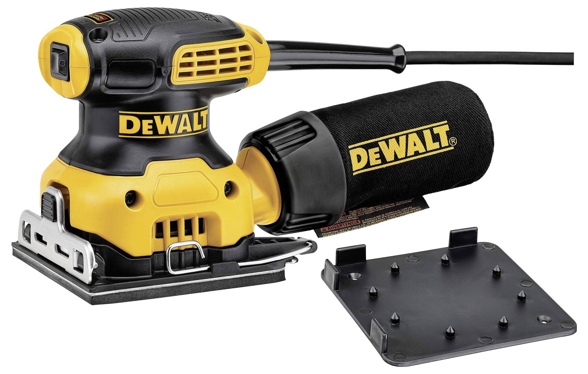 A yellow and black electric orbital sander with a dust bag and removable base, DeWalt brand, on a white background.