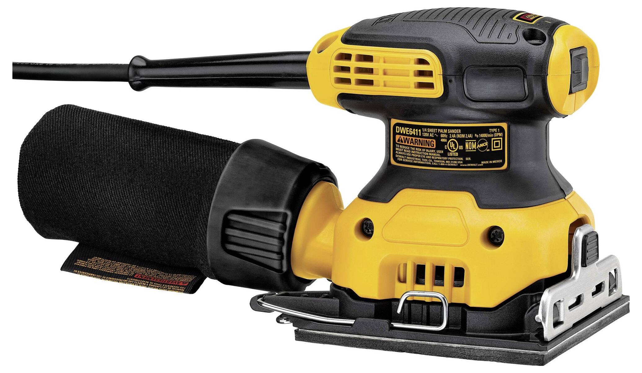 A yellow and black electric sander with a power cable and dust container, positioned on a white background.