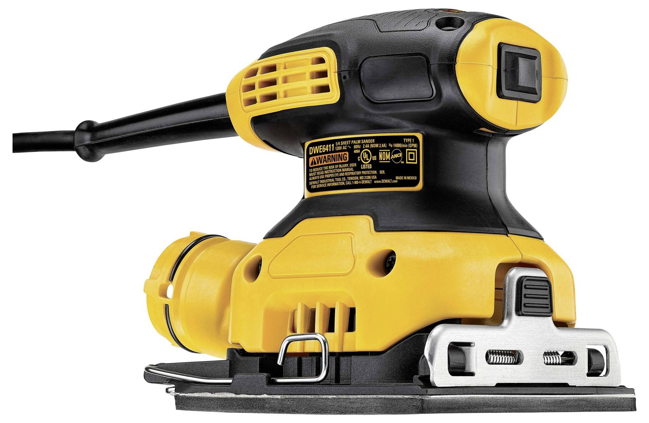 A yellow electric grinding machine with a black handle and cable, suitable for grinding work on wood or other surfaces.