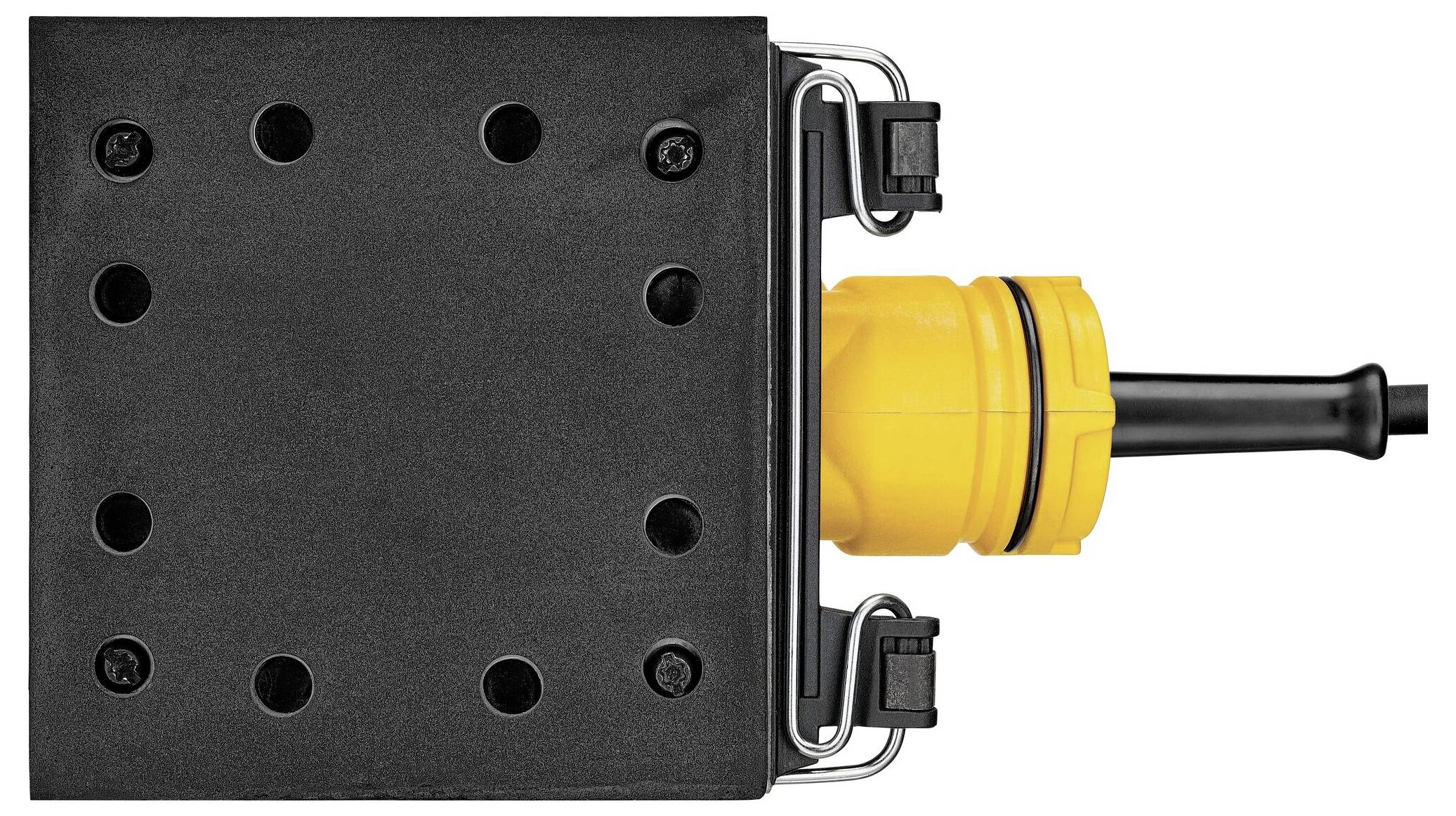 A black mounting plate with multiple fixing holes, next to a yellow plug with a black cable, viewed from above.