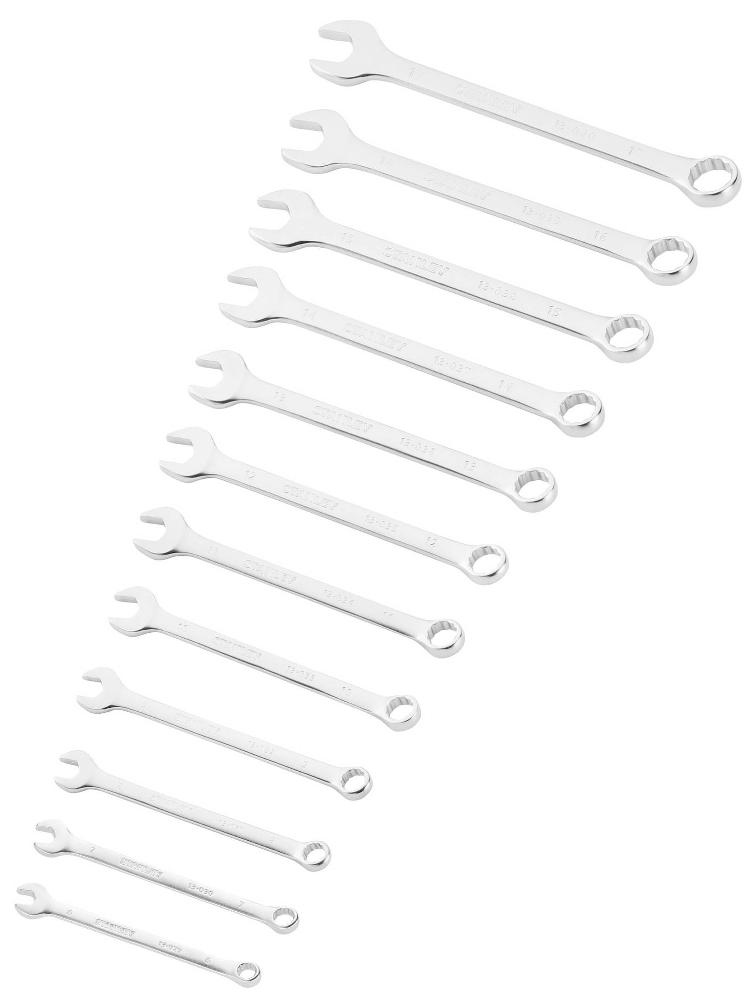 A set of twelve open ring spanners in various sizes, arranged from large to small, on a white background.