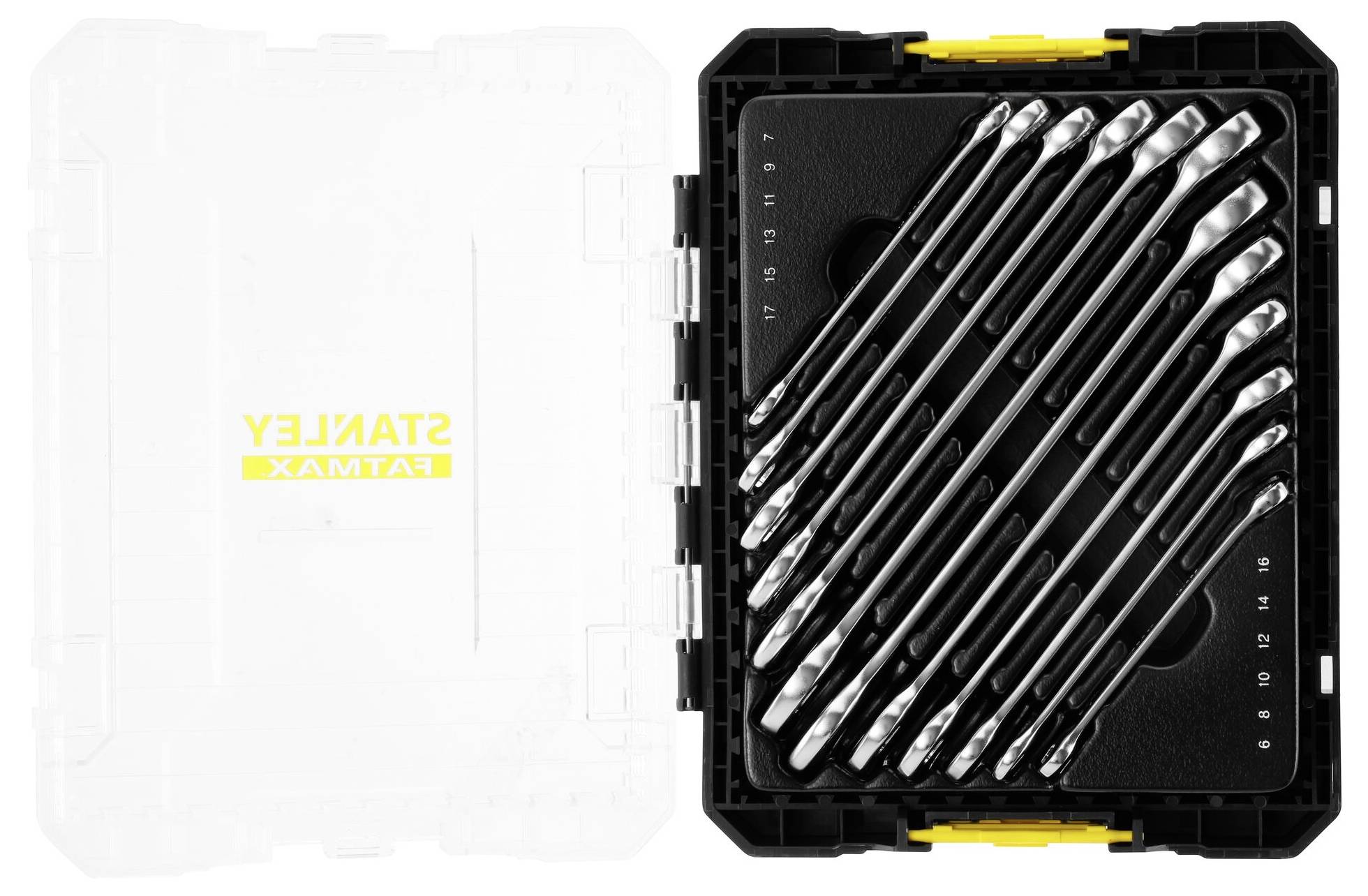 Open black plastic box containing ten silver spanners in various sizes, marked with size indicators.