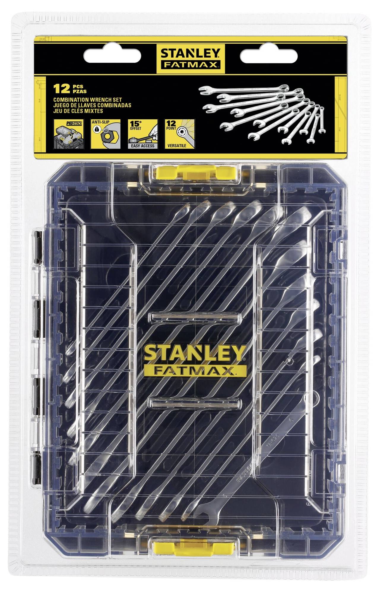 Packaging for a 'Stanley Fatmax' 12-piece Spanner Set, illustrated with an image of the included tools in the top right corner.