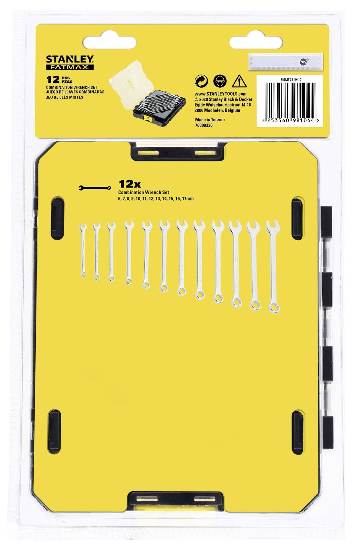 Packaging for a 12-piece spanner set by Stanley. Shows twelve spanners of varying sizes, arranged on yellow cardboard.