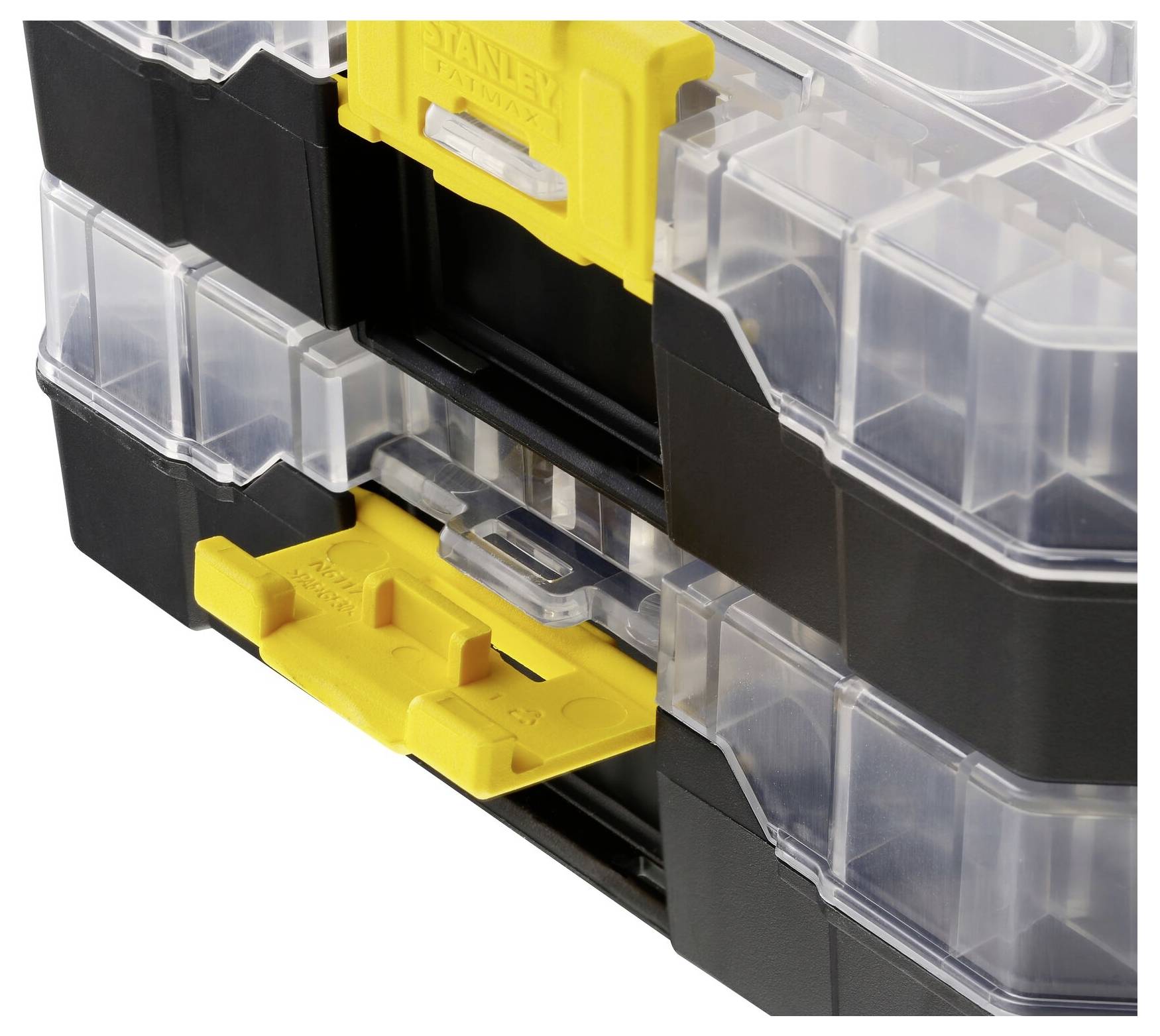 Two stackable, transparent storage boxes with black and yellow lids, ideal for organised tool storage.