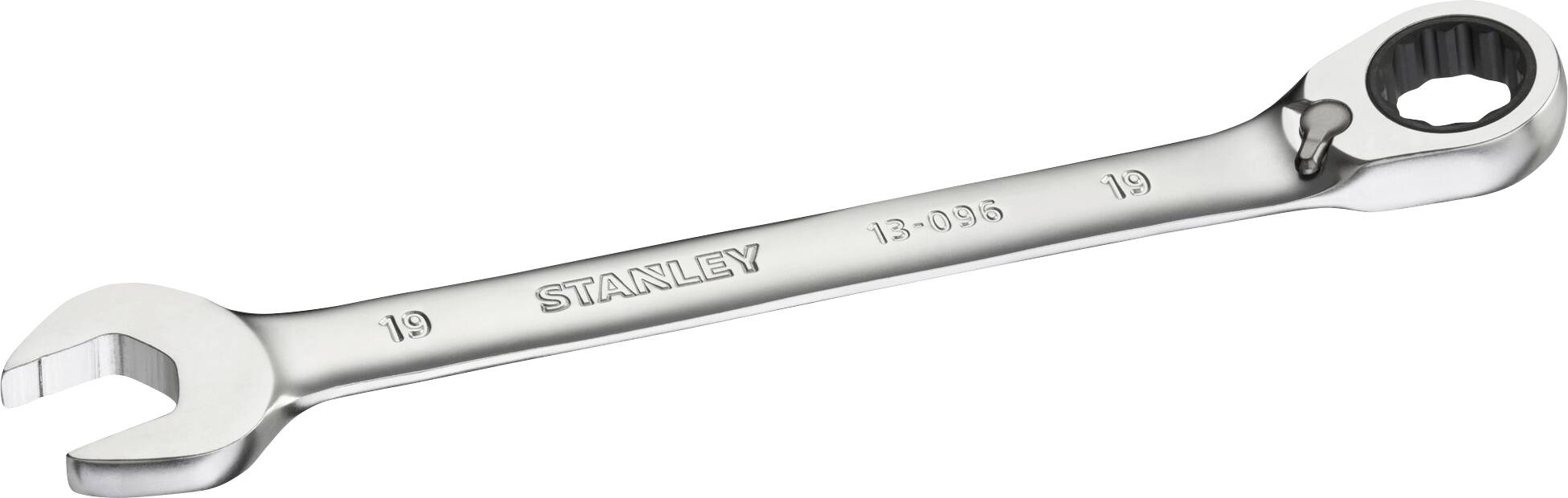 A silver adjustable spanner with open-end and ring spanner ends. On the handle is written 'Stanley' and '13-095'.