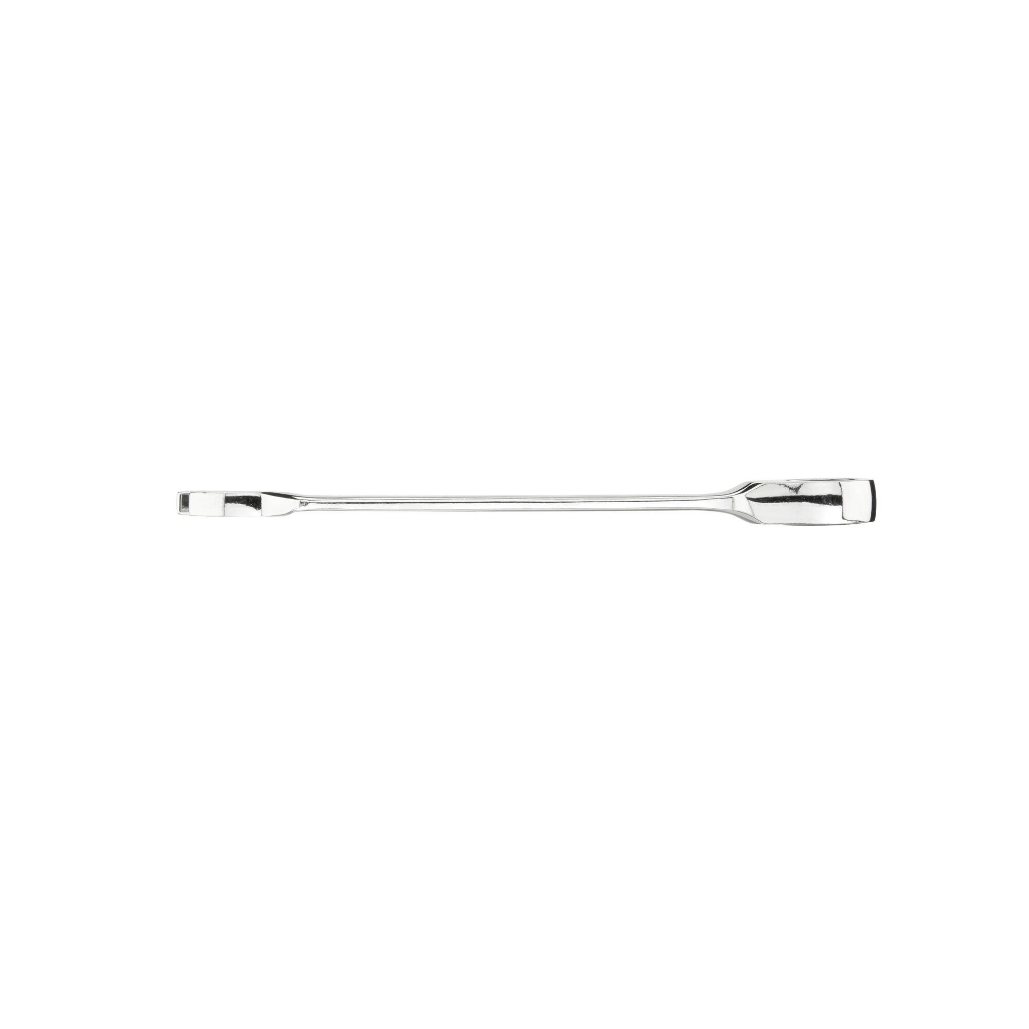 A silver-coloured flathead screwdriver with a long shaft lies horizontally on a white background.