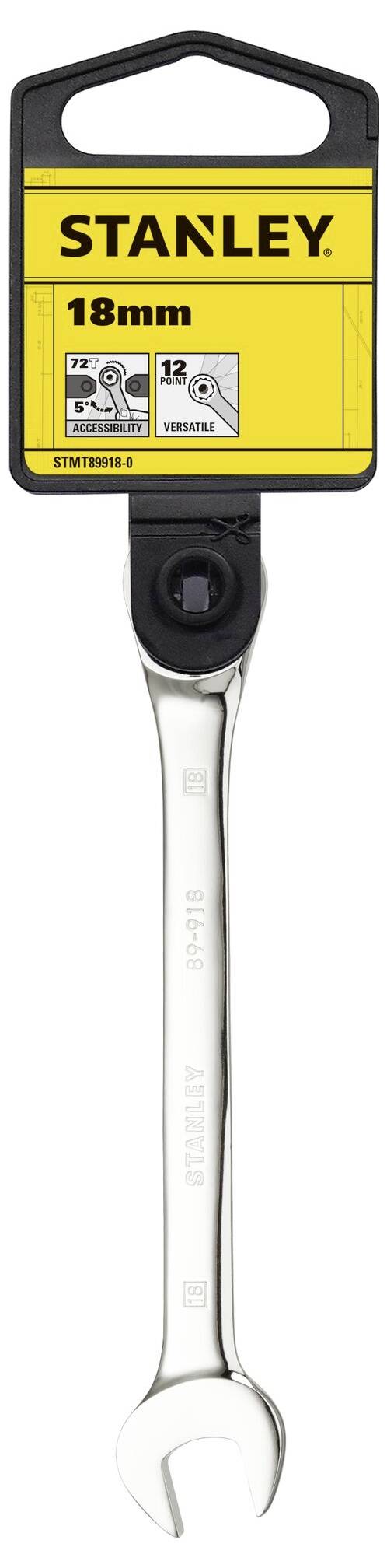 An 18-mm spanner from the Stanley brand, attached to a black and yellow packaging holder.