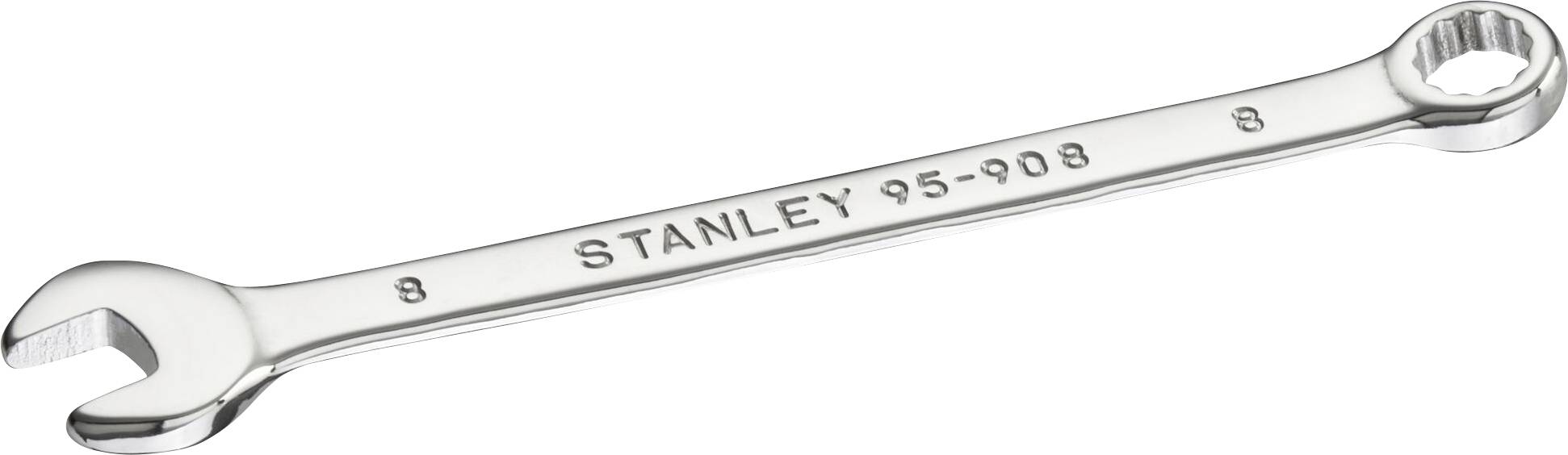 A silver spanner with the inscription 'STANLEY 95-908'. On the left, an open-ended side, on the right, a ring-ended side.