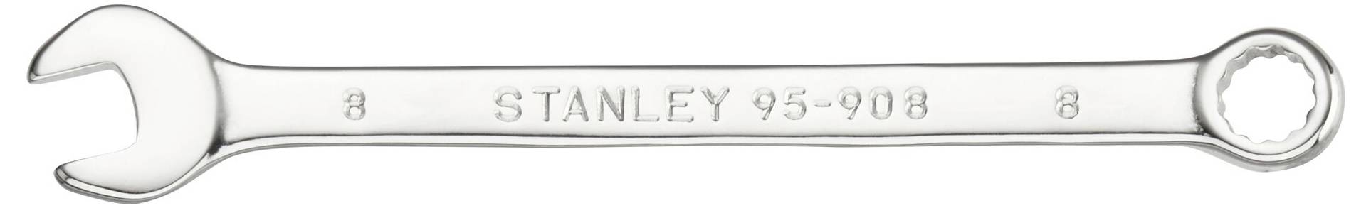 A silver ring key with 'Stanley 95-908' engraving, double-sided, with open and ring-shaped ends, size 8.