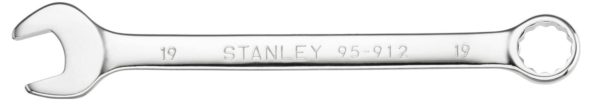 A silver double-ended spanner with an open end and a ring end, stamped with 'STANLEY 95-912' and sized at 19.