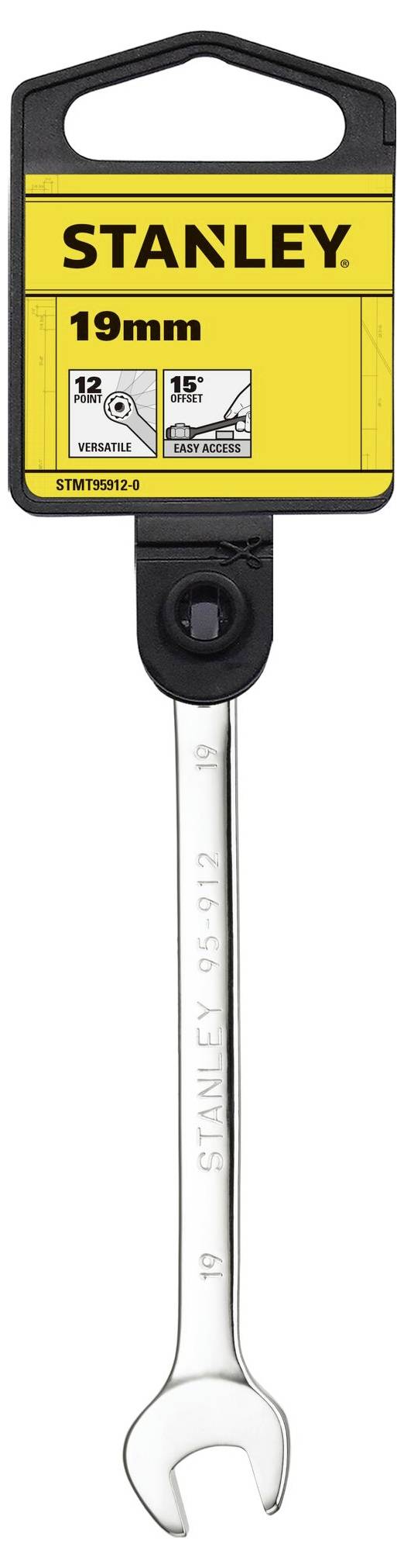 A Stanley open-ended spanner, 19 mm, with a yellow label indicating the size and brand. Suitable for loosening nuts and bolts.