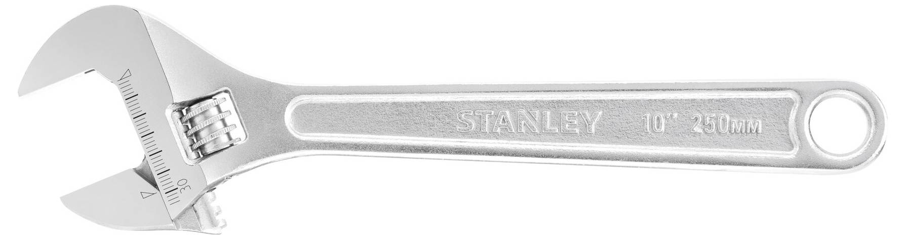 Adjustable metal spanner, 250 mm long, with graduated scale on the head for size adjustment.