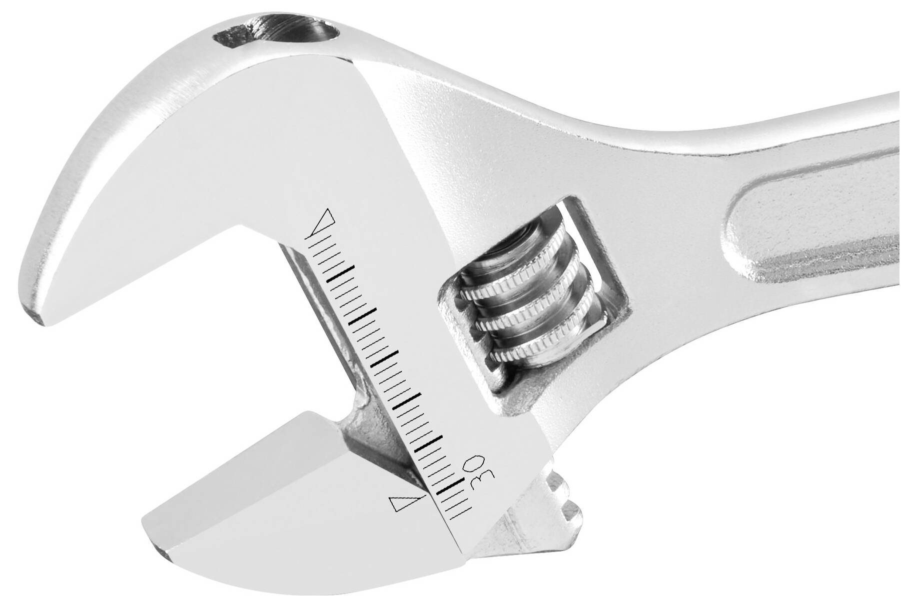 An adjustable metal spanner with a scale for setting the jaw size.