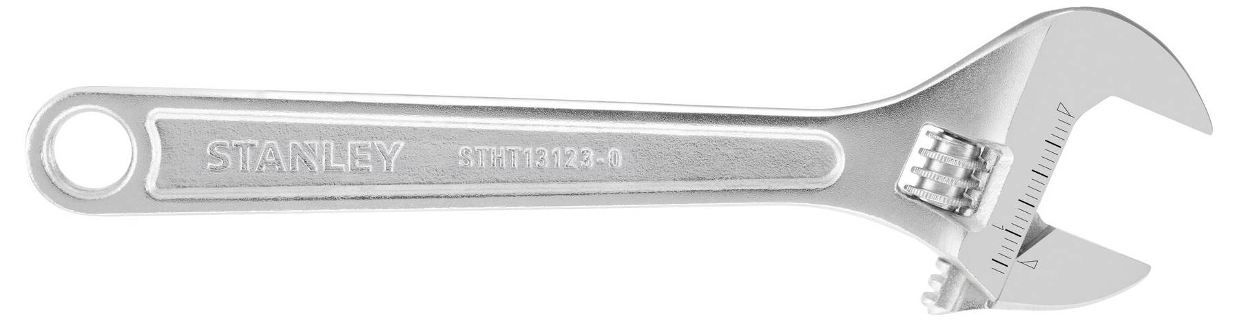 A metal adjustable spanner with a brand logo engraving. Suitable for tightening or loosening bolts and screws.