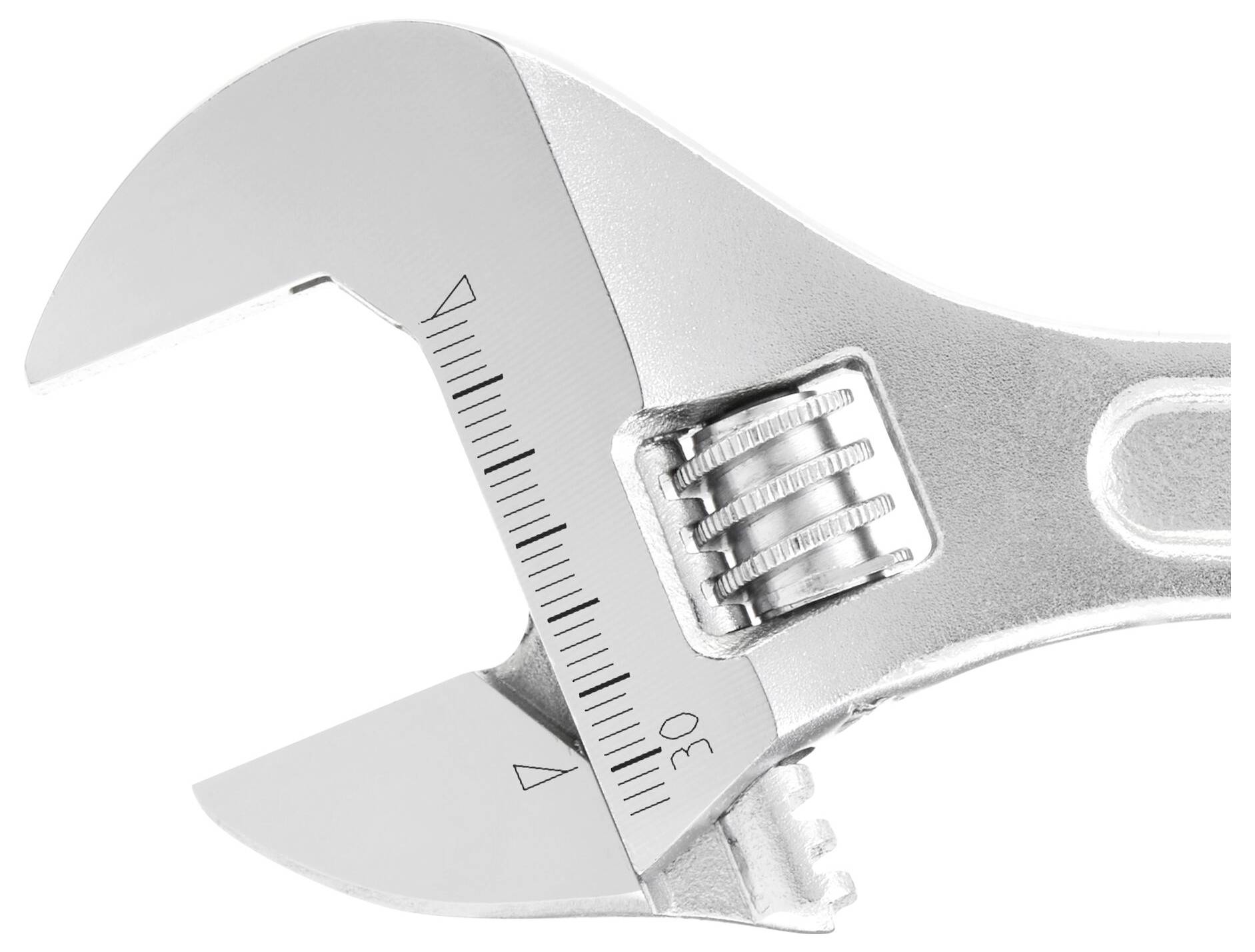 Silver adjustable spanner with markings for measurements in millimetres on the jaw, close-up.