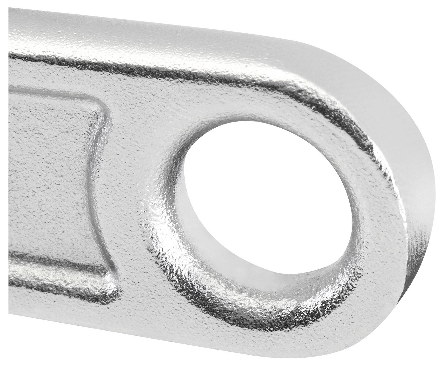 A silver metal hook with a circular opening at the end, suitable for fastening or hanging objects.