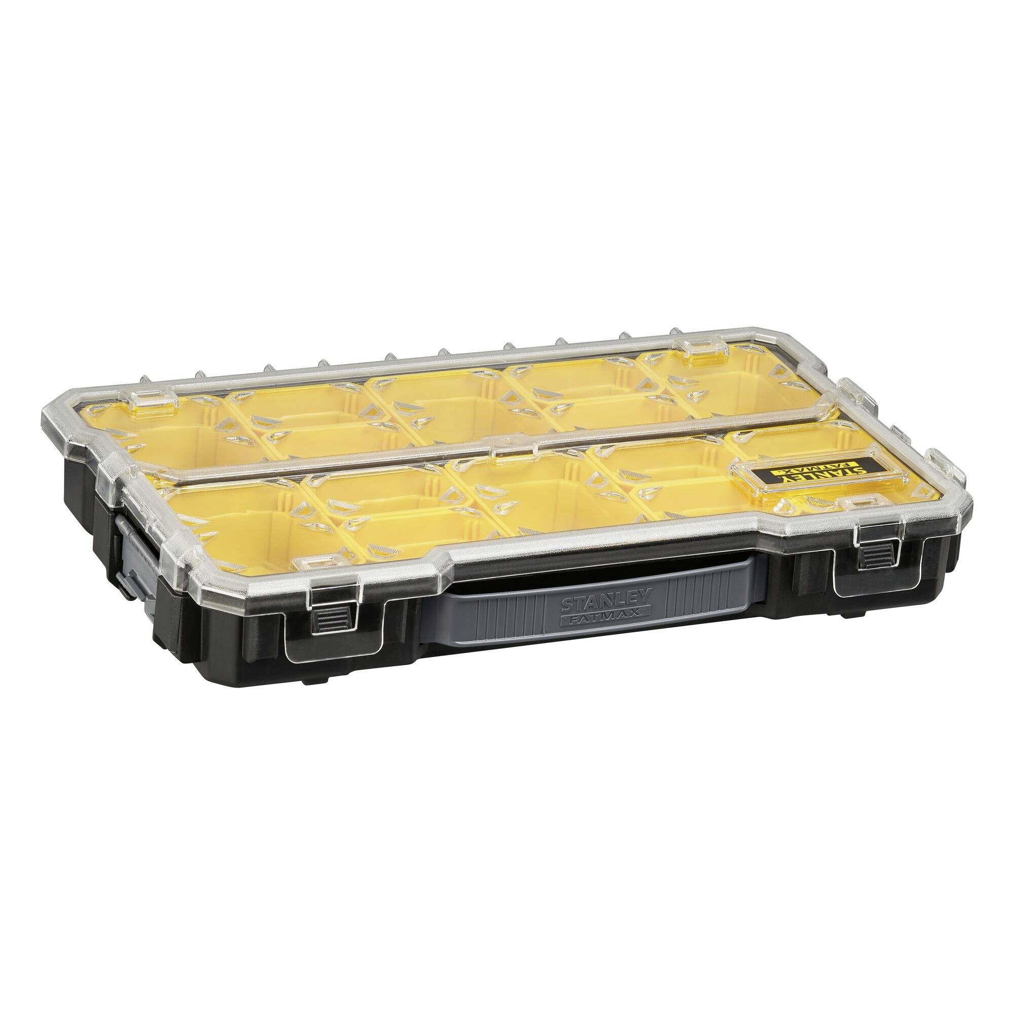 A yellow compartment box with a transparent lid, divided into sections, for storing small parts and tools.