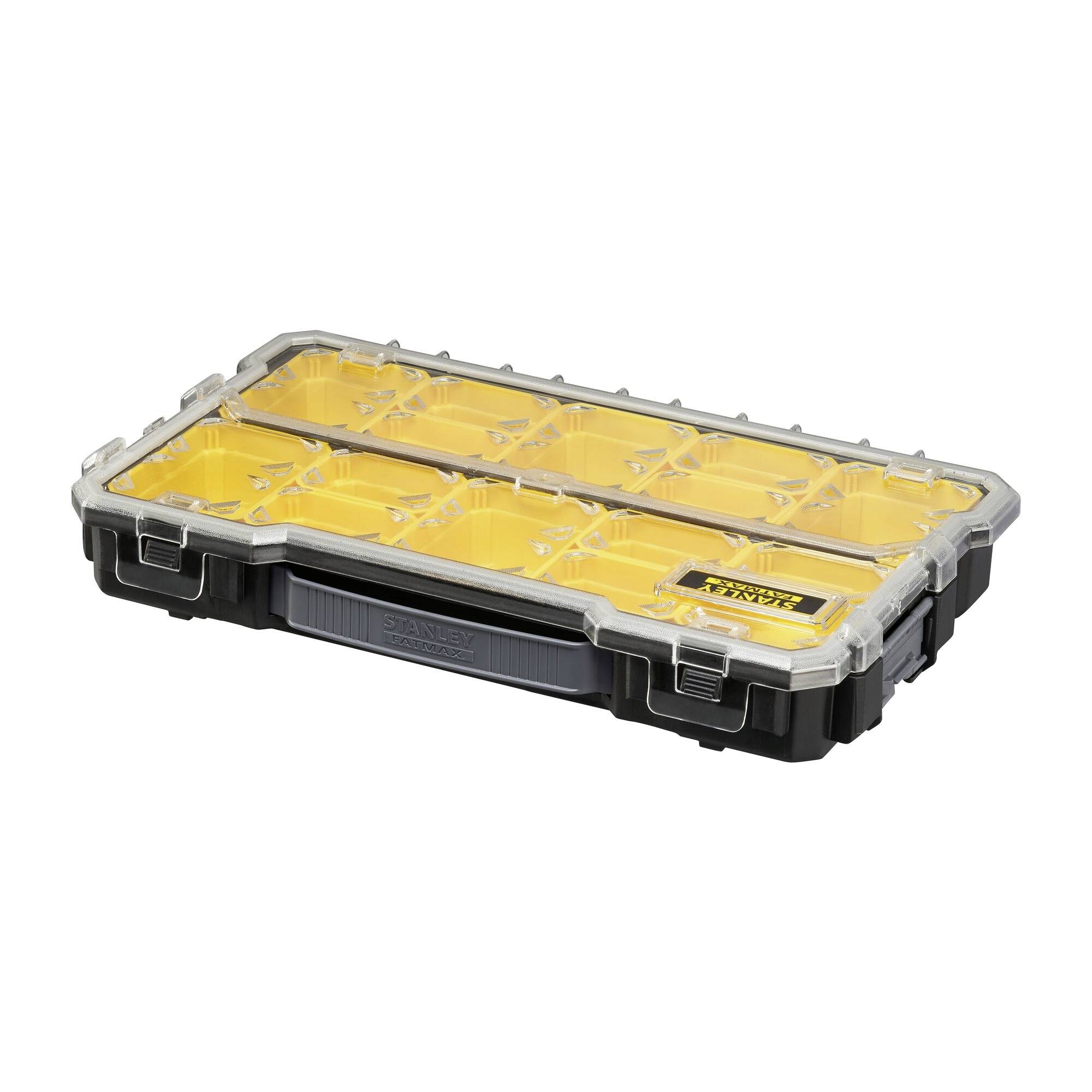 A transparent toolbox with black sides and yellow compartments, ideal for storing smaller tools and accessories.