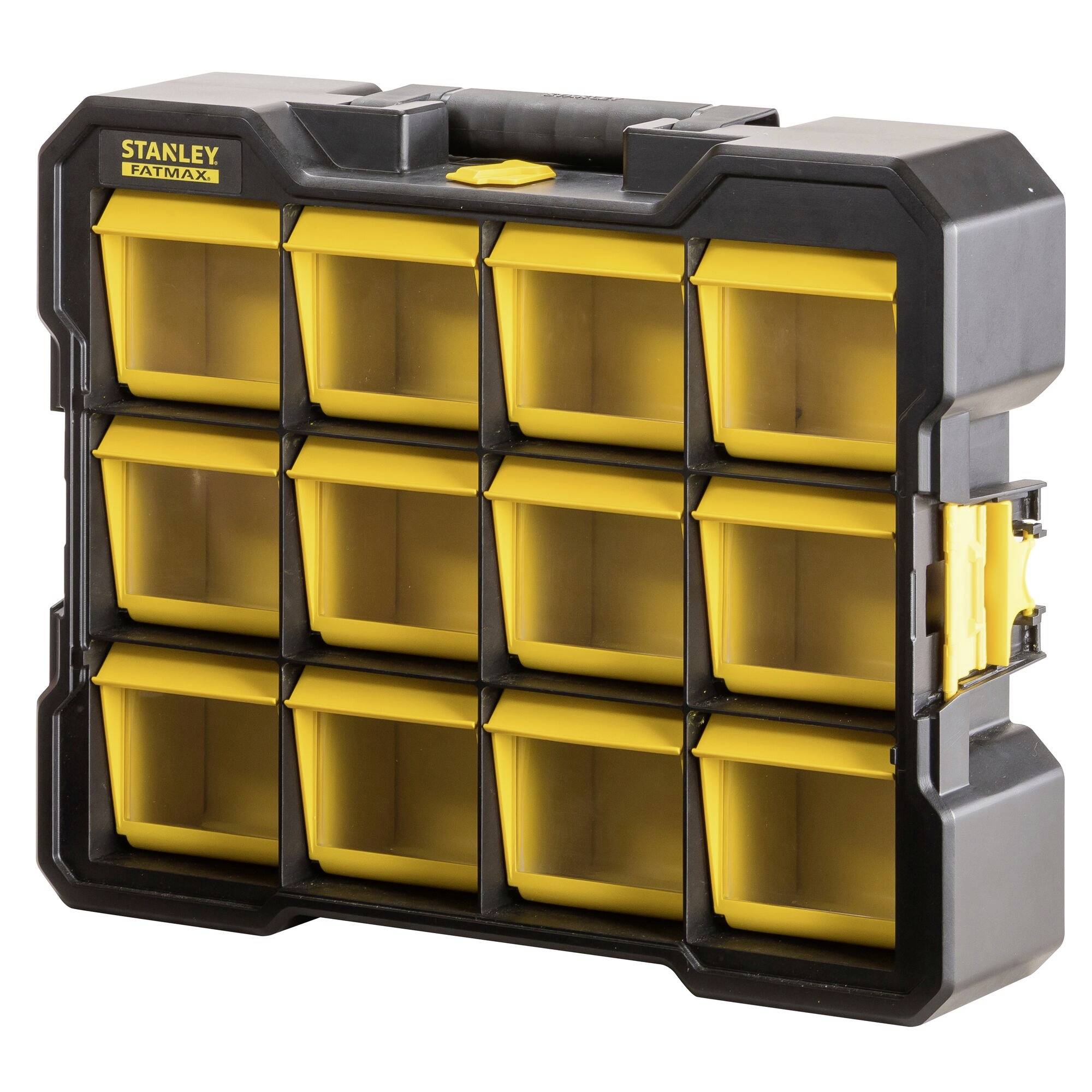 Black and yellow tool case with twelve compartments, perfect for storing small parts and tools.