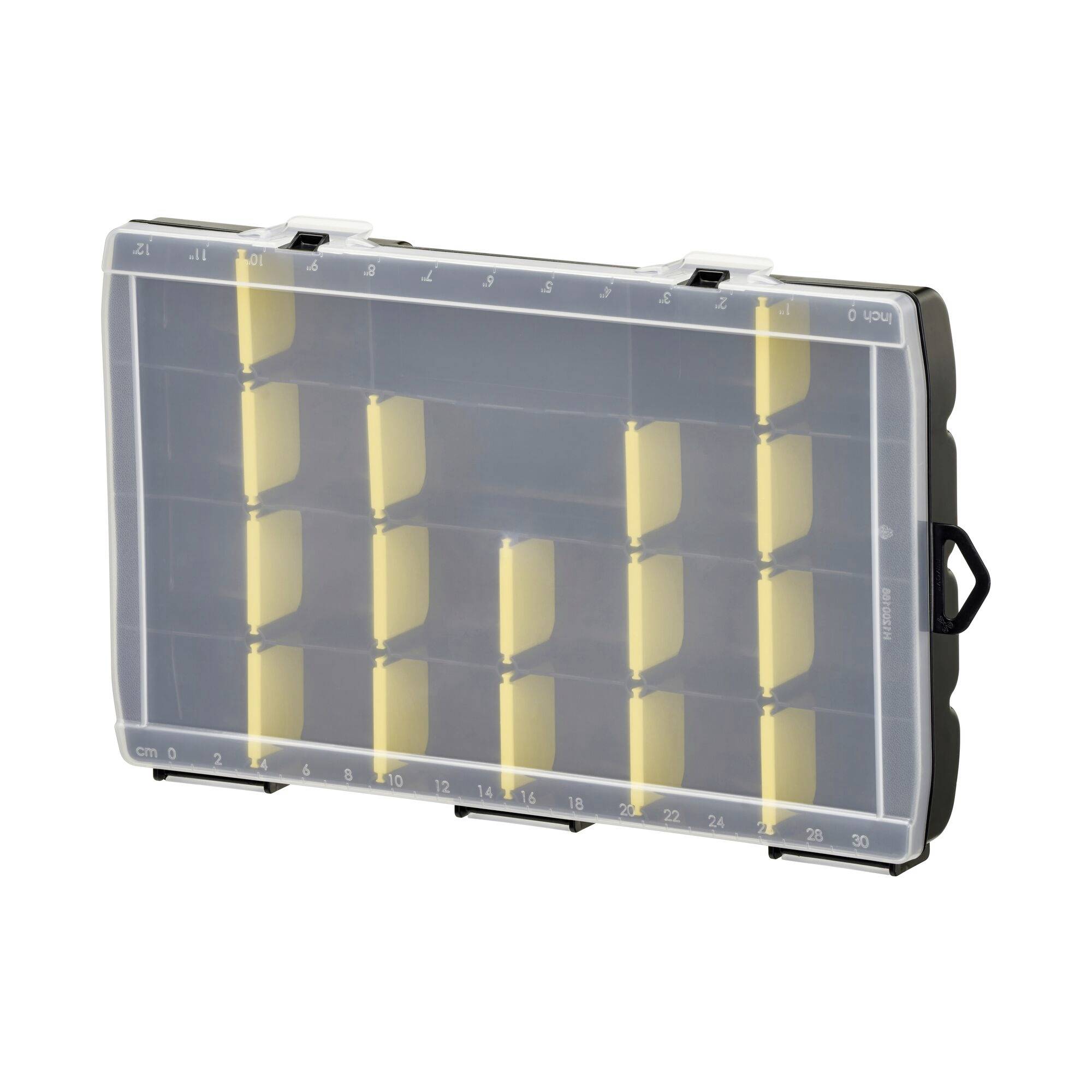 A clear, transparent storage box with multiple compartments divided by yellow dividers.