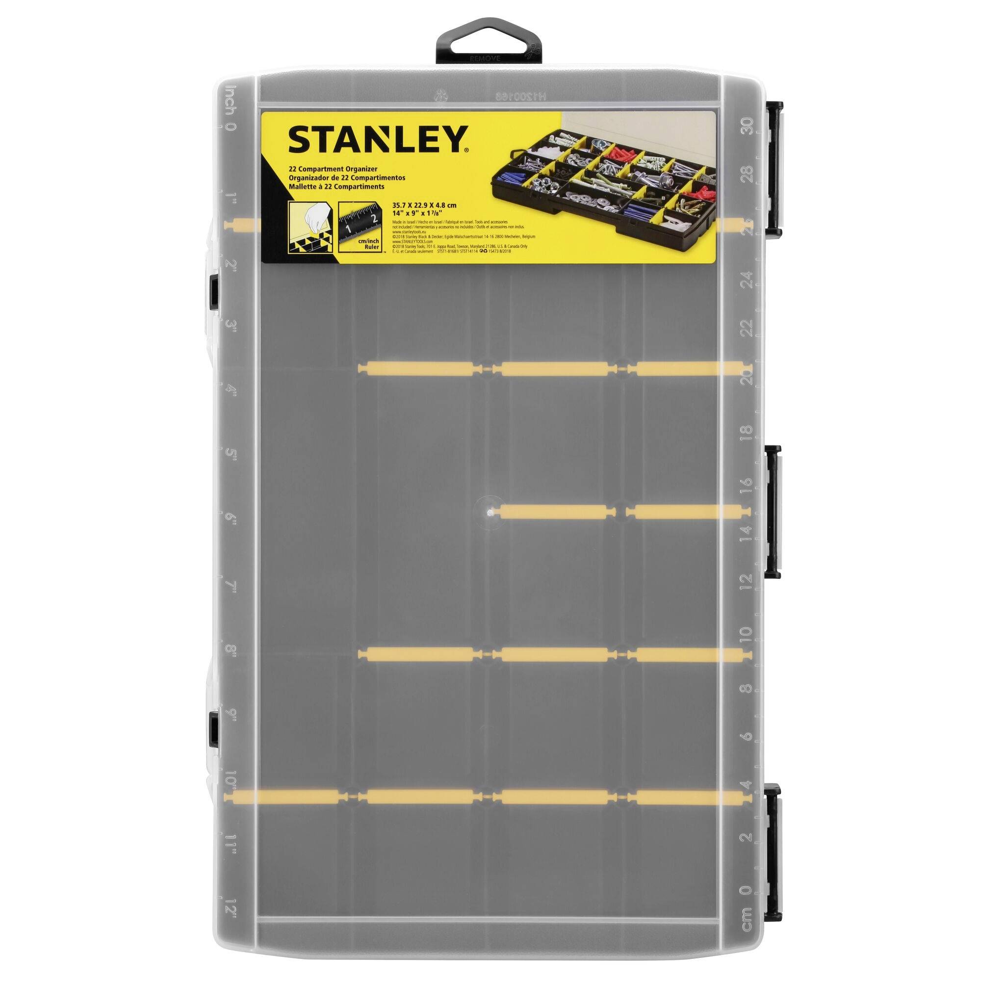 Transparent storage box by Stanley with yellow logo and picture of screws on the packaging. Contains multiple compartments for storage.