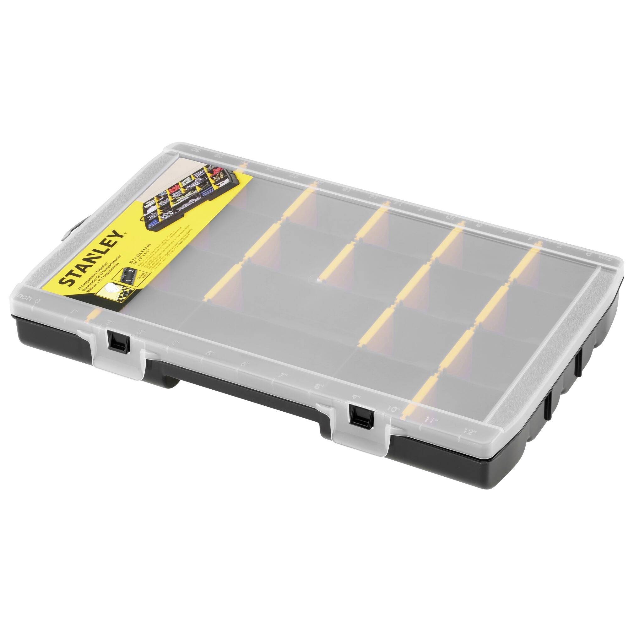 A transparent plastic toolbox with yellow dividers, branded with 'Stanley' sticker. Suitable for organising small tools.