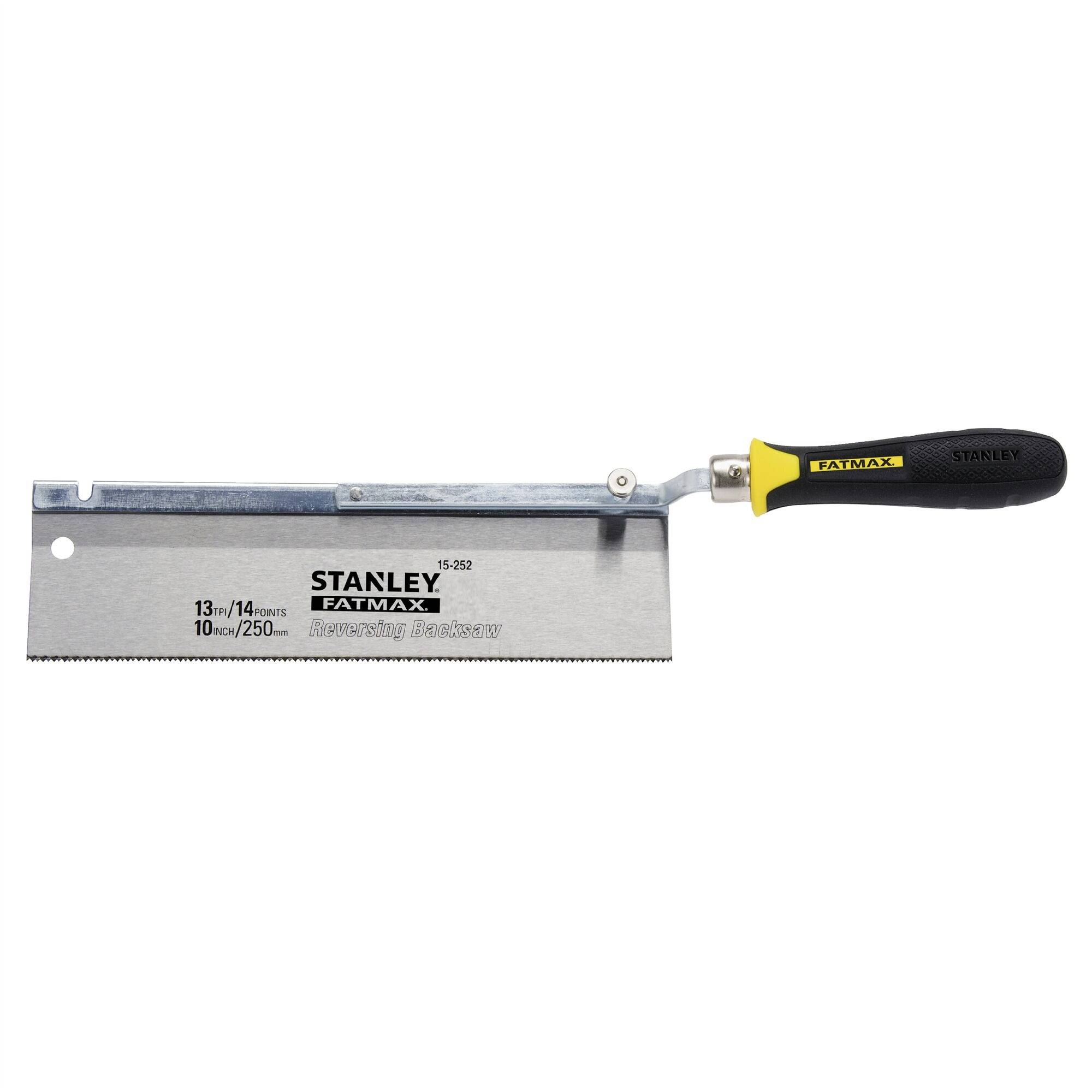 Hand saw with a black handle and silver blade. 'Fatmax' brand name and measurement markings are printed on the blade.