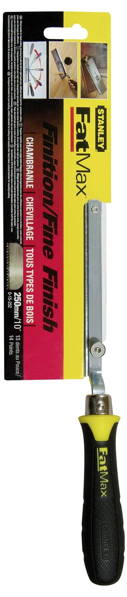 'Stanley FatMax saw blade, Finishing Blade, for precise cutting, with black and yellow handle, in a slim packaging.'