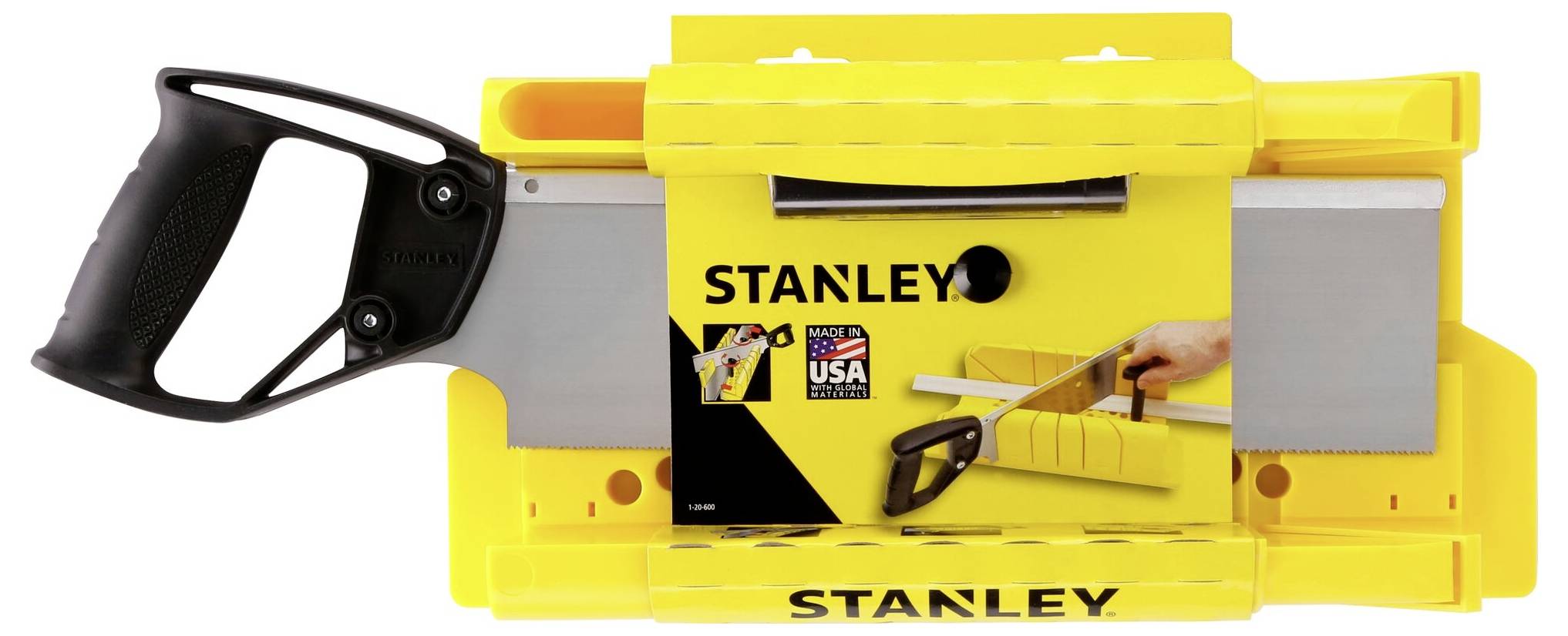 Yellow mitre saw by Stanley with black handle and saw blade, with an illustration of its application shown on the packaging.