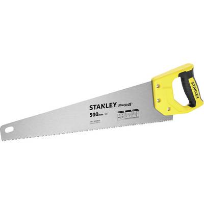Handsaw with a yellow handle and silver blade, marked 'STANLEY 500mm/20"', suitable for garden and woodworking tasks.