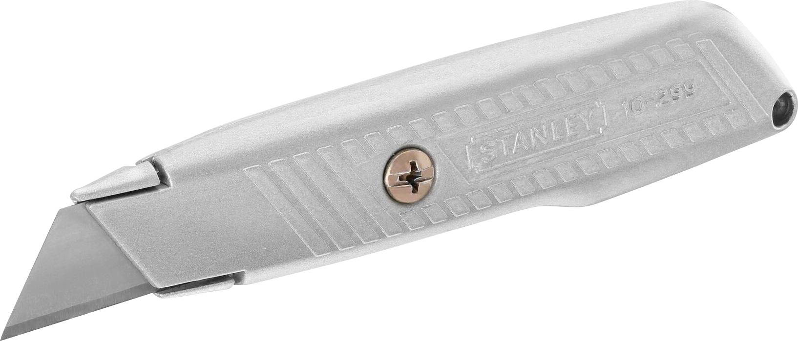 A silver multi-purpose penknife with a retractable blade and screw mechanism for blade replacement. It is used for cutting various materials.