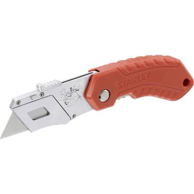 A red, folding utility knife with a stainless steel blade and a handle with a ribbed texture for improved grip.