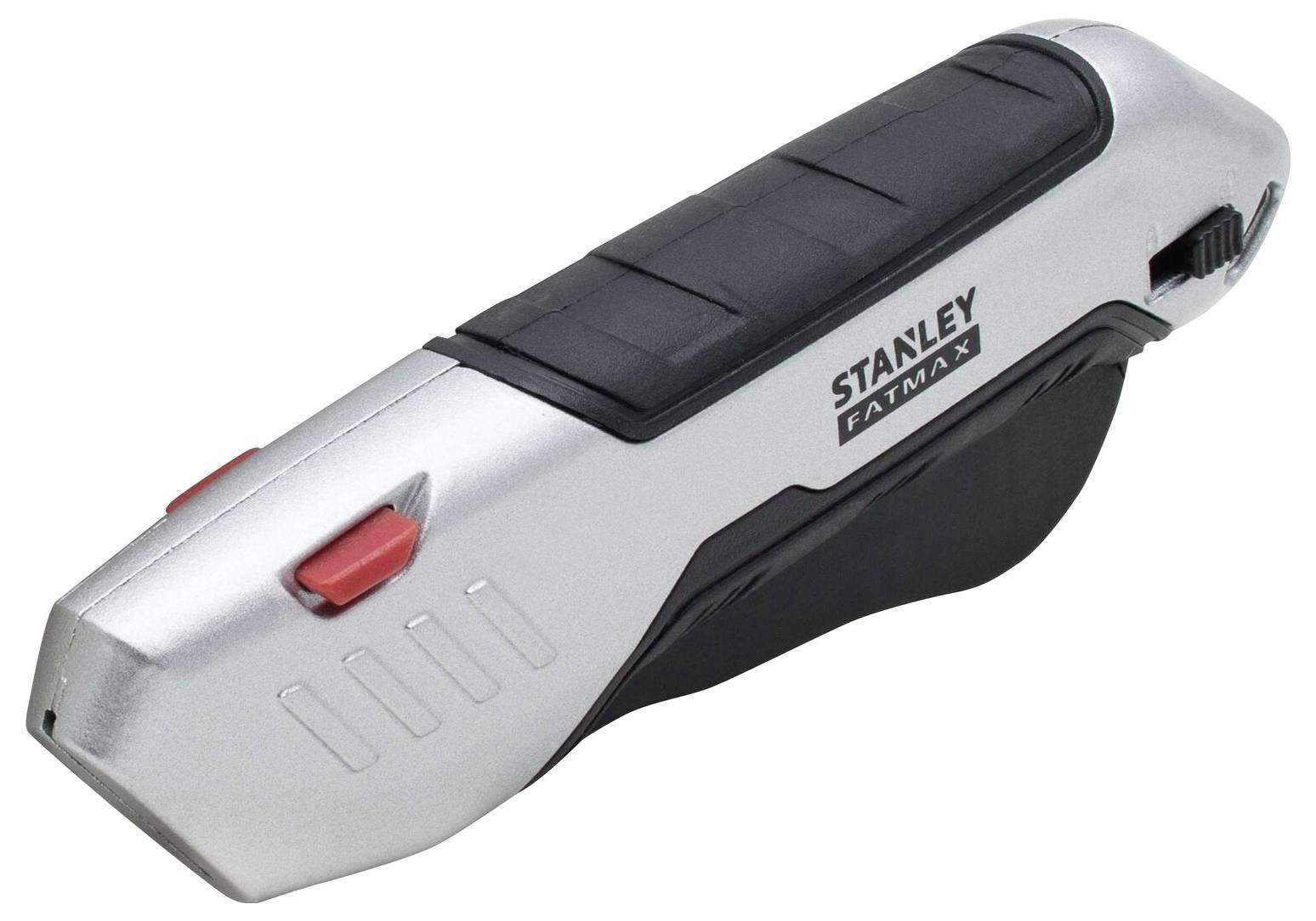 A silver and black Stanley Fatmax utility knife with a sliding blade and red control elements.