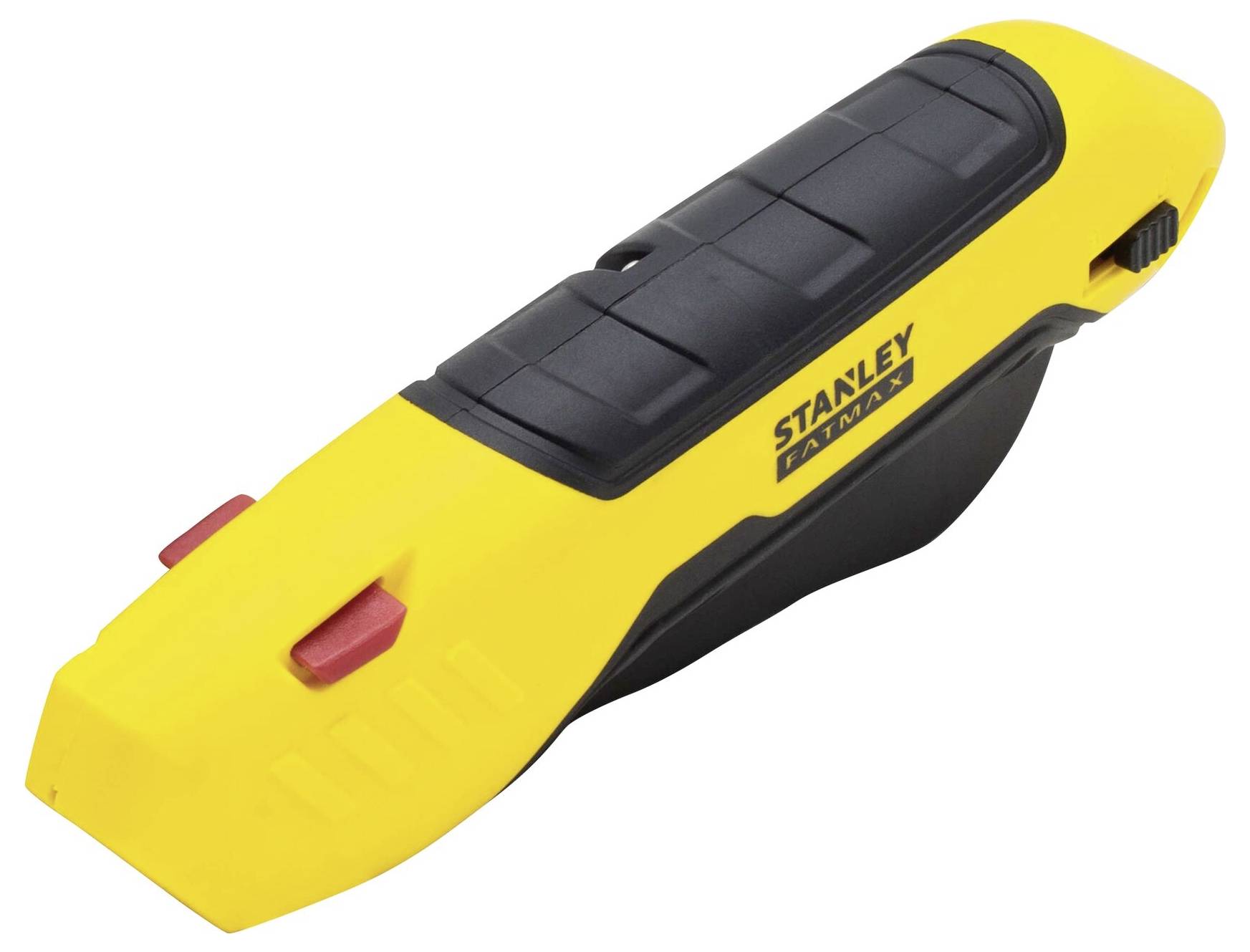 Yellow Stanley FatMax Utility Knife with black handle and red sliding mechanism, ideal for packaging work.