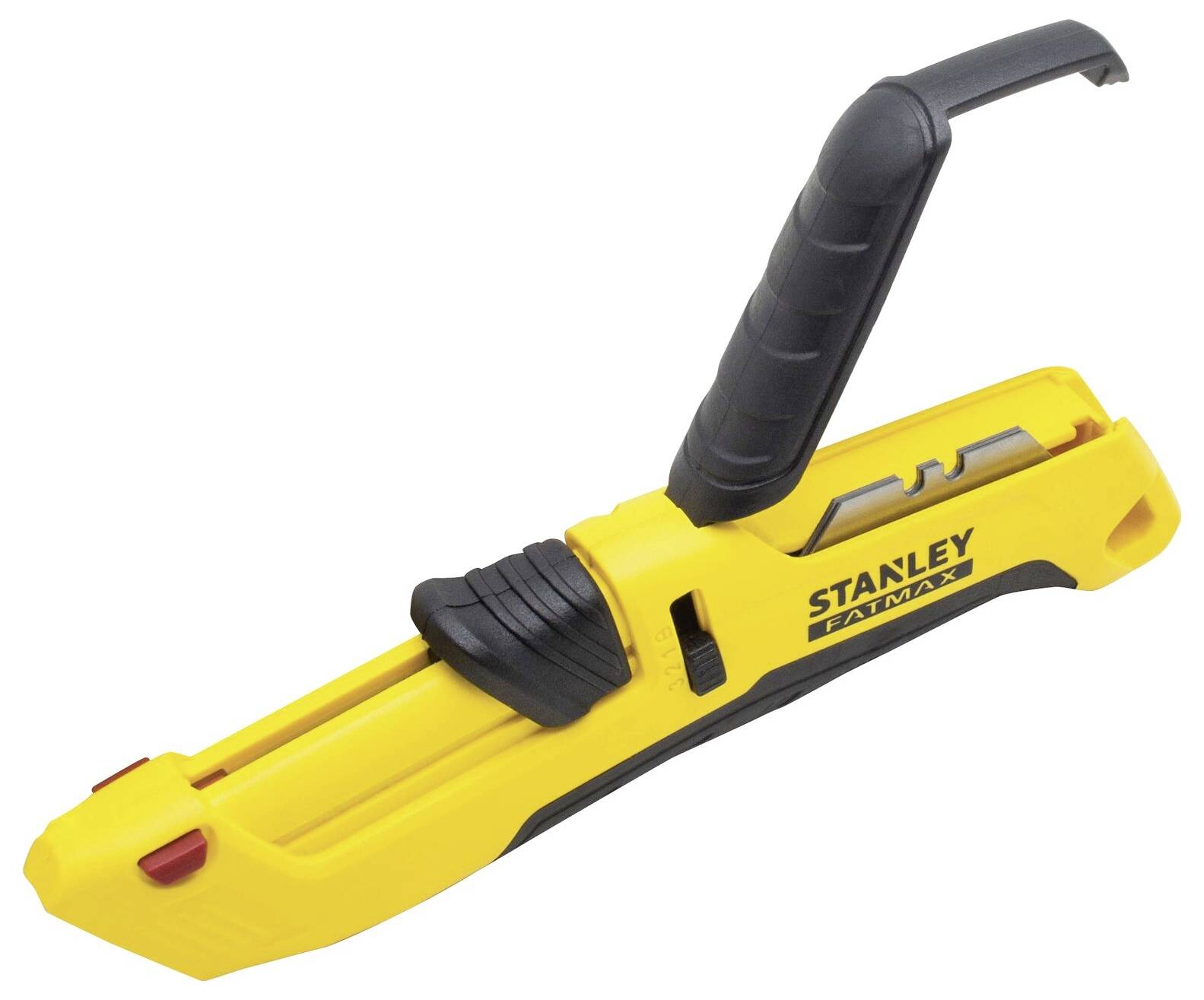 Yellow safety knife by Stanley Fatmax with retractable hook and blade, suitable for cutting cable sheaths.