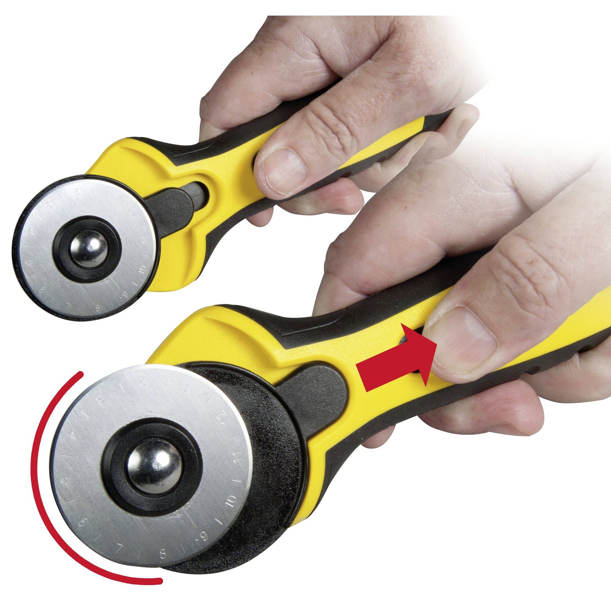 A hand is holding a yellow rotary cutter. A red arrow indicates the direction for adjustment of the safety switch.