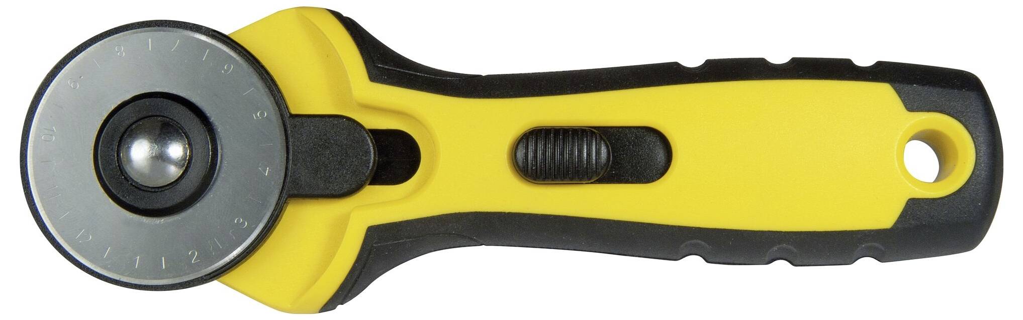 Yellow and black rotary cutter with a round, sharp blade wheel and handle. Suitable for cutting fabric or paper.