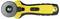 Yellow and black rotary cutter with a round, sharp blade wheel and handle. Suitable for cutting fabric or paper.