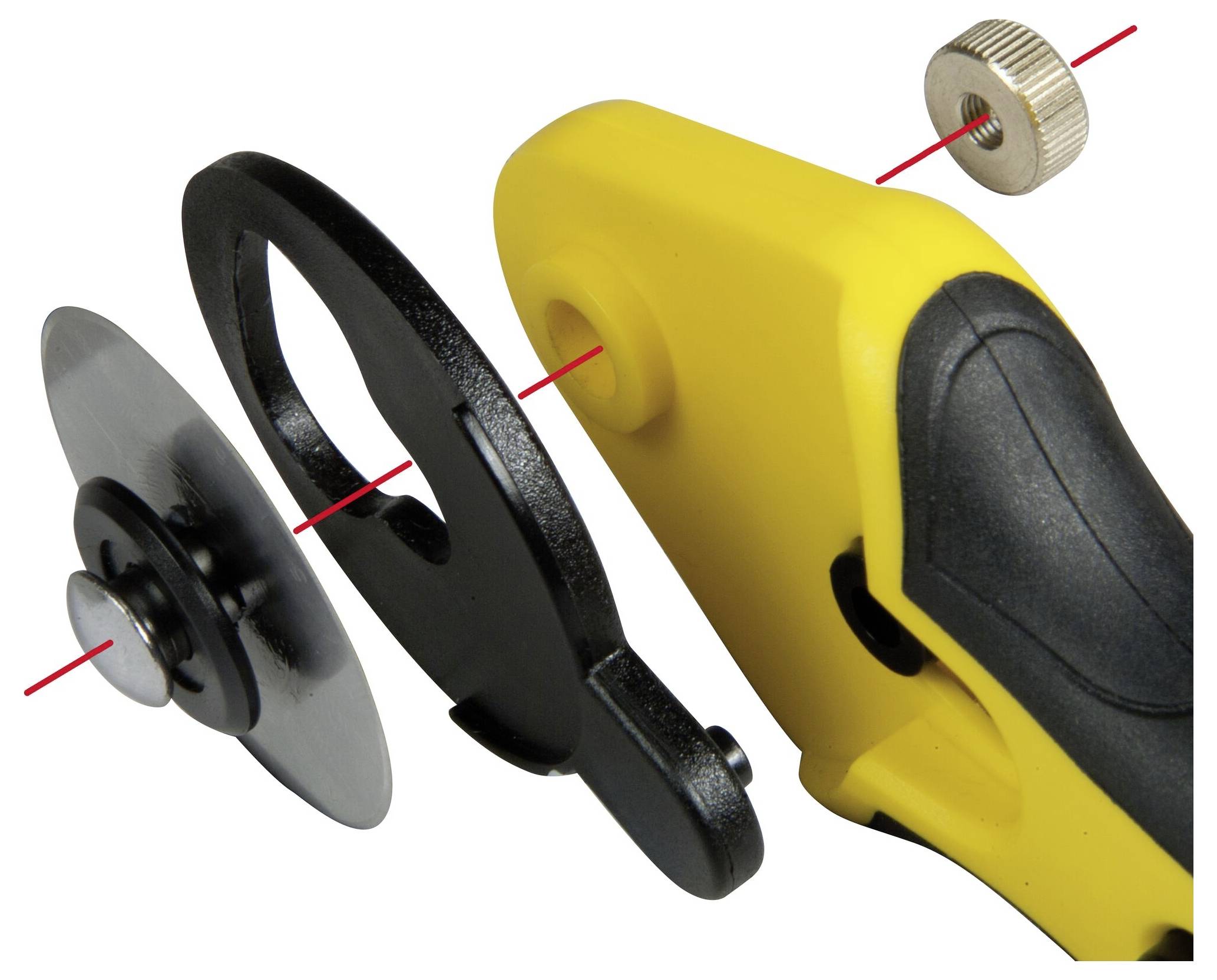 A yellow cutting tool with removable parts: a metal disc, a black plastic component, and a round metal screw.