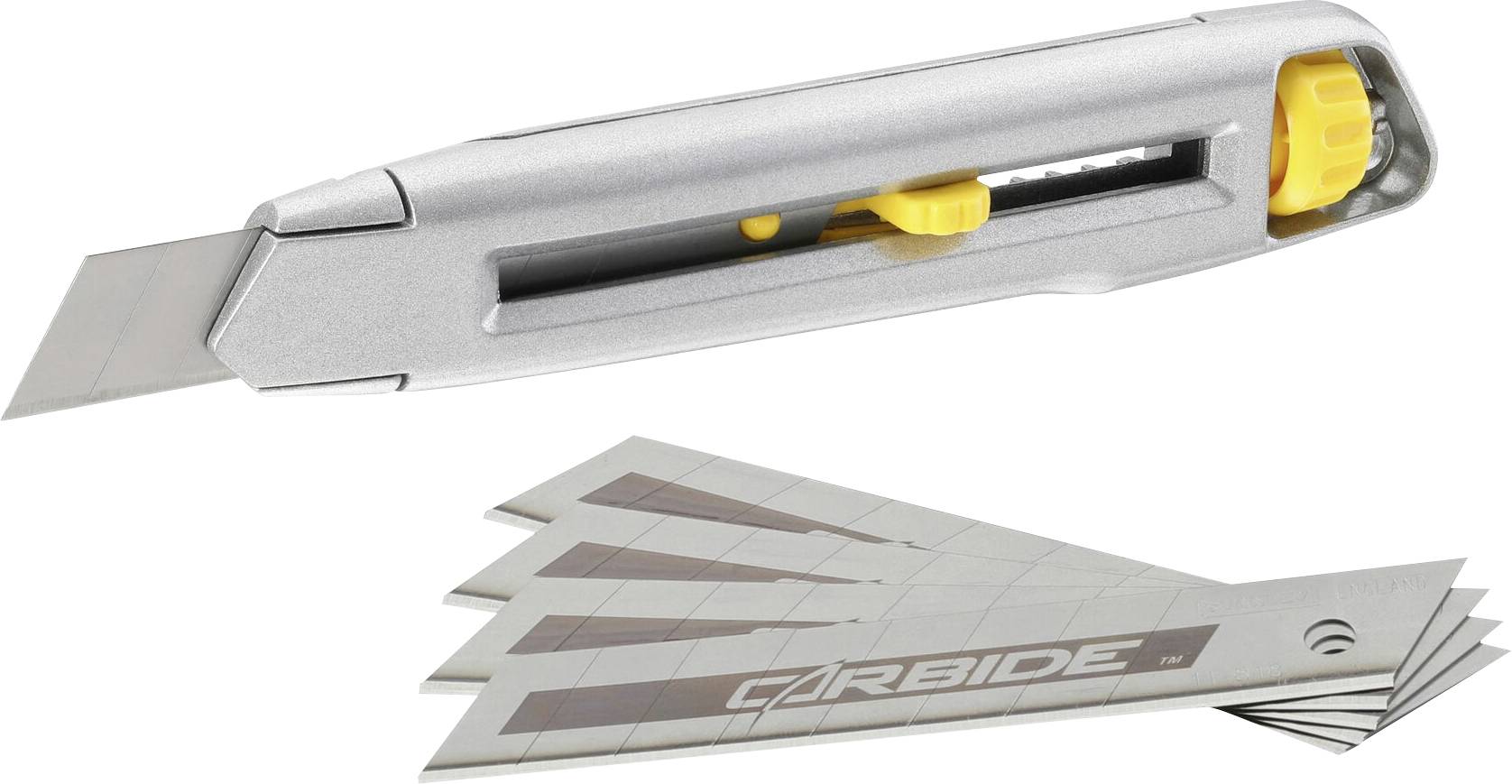 Silver universal knife with yellow slider and four replacement blades. Text on the blades: 'CARBIDE'. Suitable for cutting.