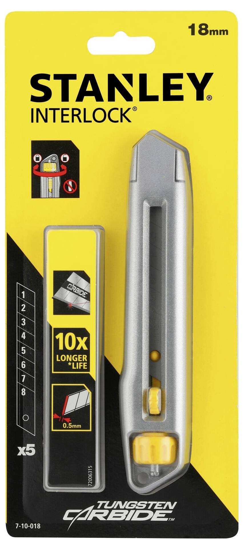 Stanley Messerschneider-Packaging. Pictured are a silver handle, replacement blades and the logo. '10x longer durability' highlighted.